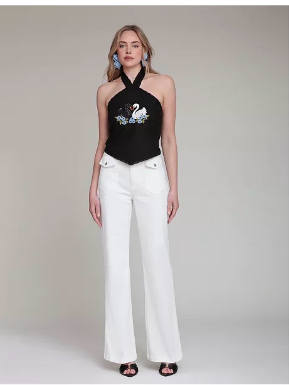 Avec Les Filles Black Halter Top with Swan Embroidery - Picture 2 of 5